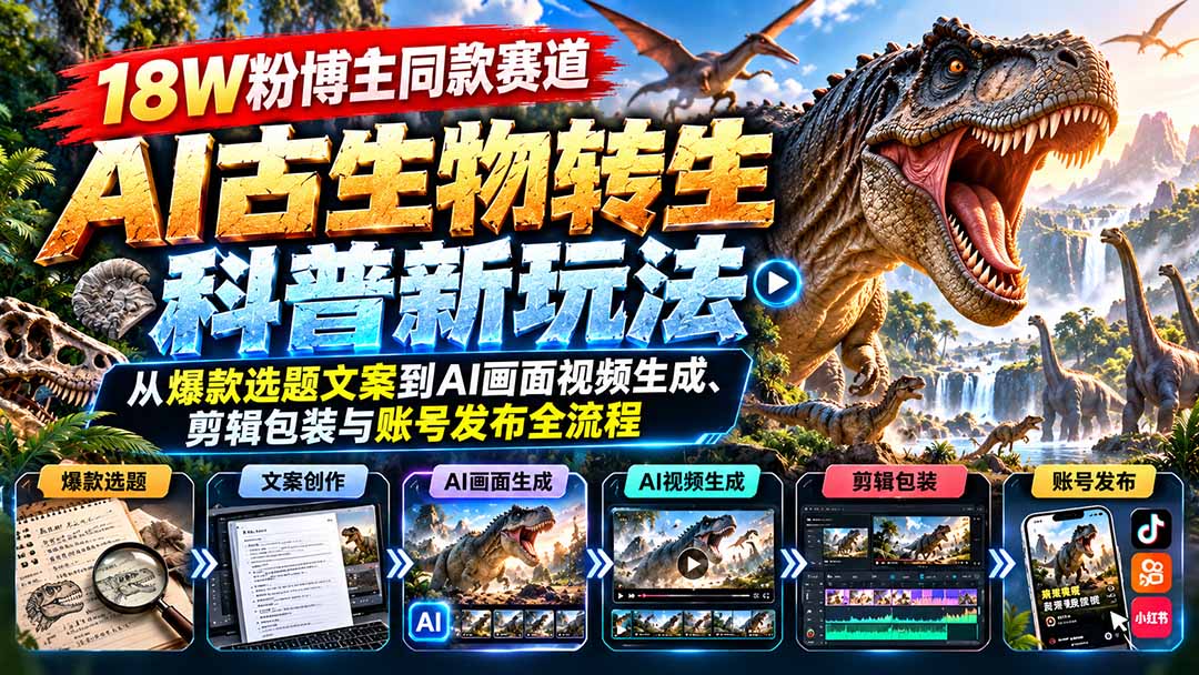 （20833期）18W粉博主同款赛道-AI古生物转生科普新玩法：从爆款选题文案到AI画面视频生成、剪辑包装与账号发布全流程 - 臻优资源网