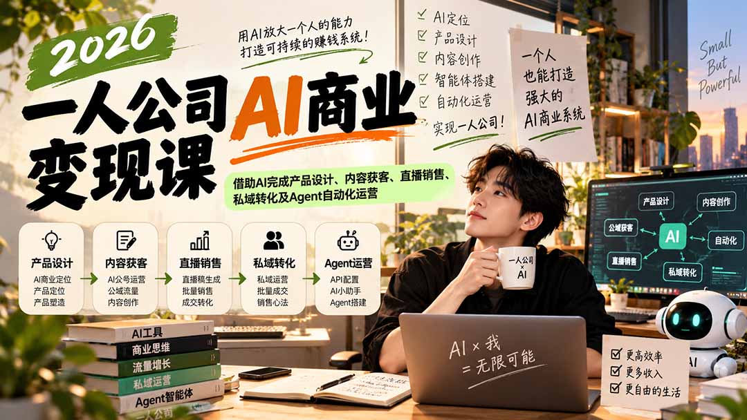 （20901期）2026一人公司AI商业变现课：借助AI完成产品设计、内容获客、直播销售、私域转化及Agent自动化运营 - 臻优资源网