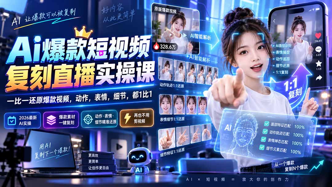 （20304期）最新Ai爆款短视频复刻直播实操课，一比一还原爆款视频，动作，表情，细节，都1比1 - 臻优资源网
