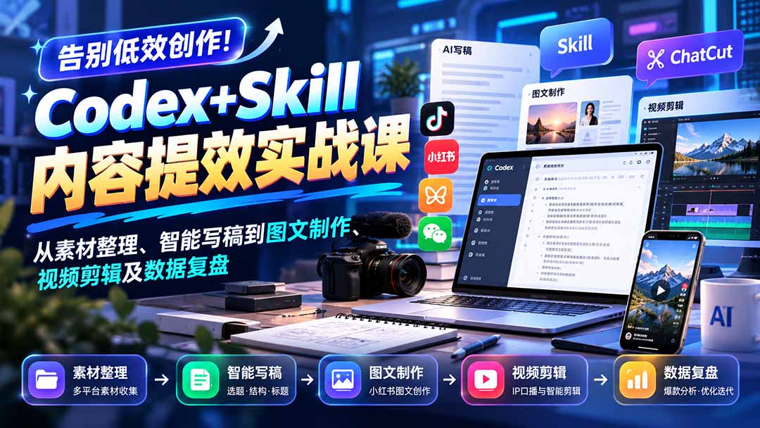 （20915期）【无水印】告别低效创作！Codex+Skill内容提效实战课：从素材整理、智能写稿到图文制作、视频剪辑及数据复盘 - 臻优资源网