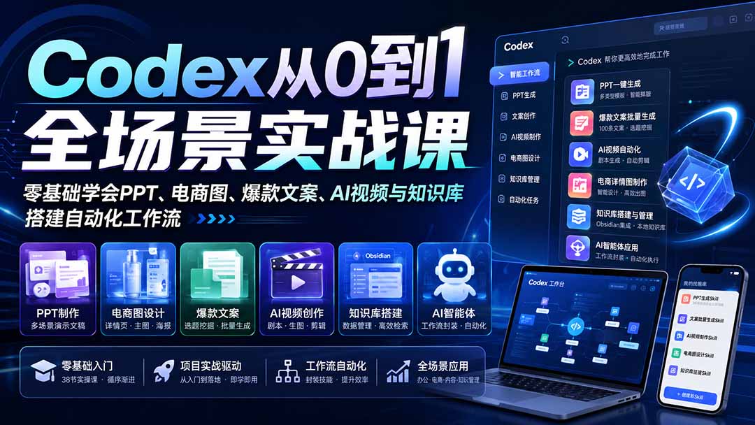 （20041期）Codex从0到1全场景实战课：零基础学会PPT、电商图、爆款文案、AI视频与知识库，搭建自动化工作流 - 臻优资源网
