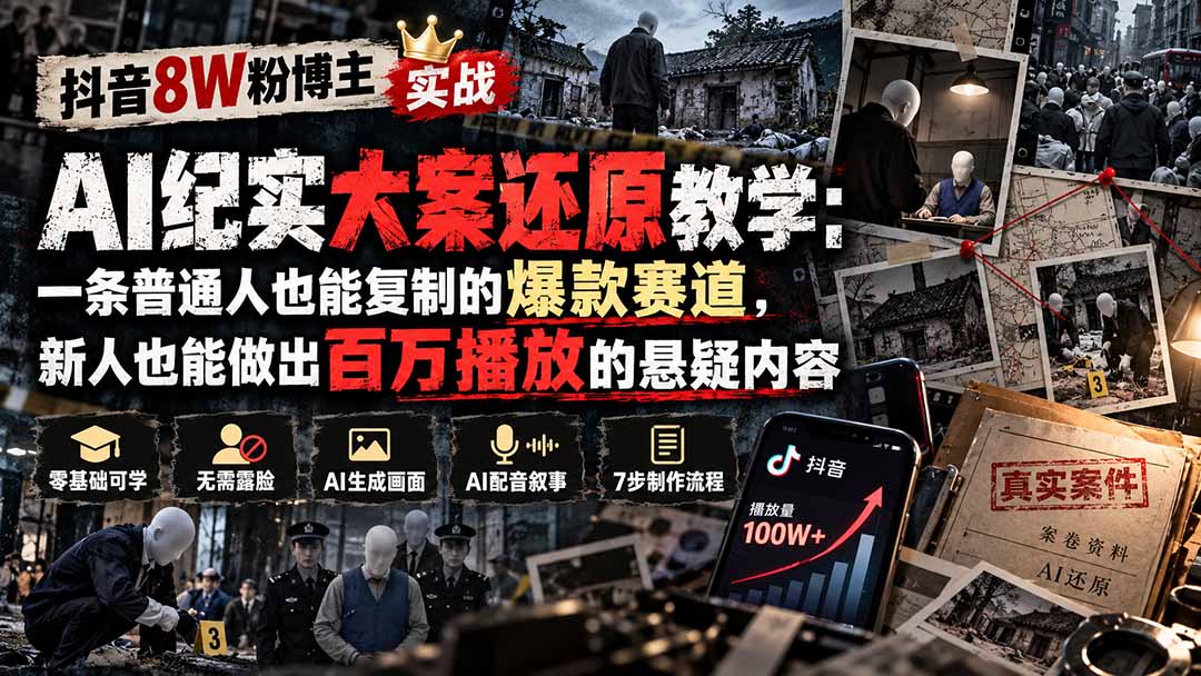 （20865期）抖音8W粉博主AI纪实大案还原教学：一条普通人也能复制的爆款赛道，新人也能做出百万播放的悬疑内容 - 臻优资源网