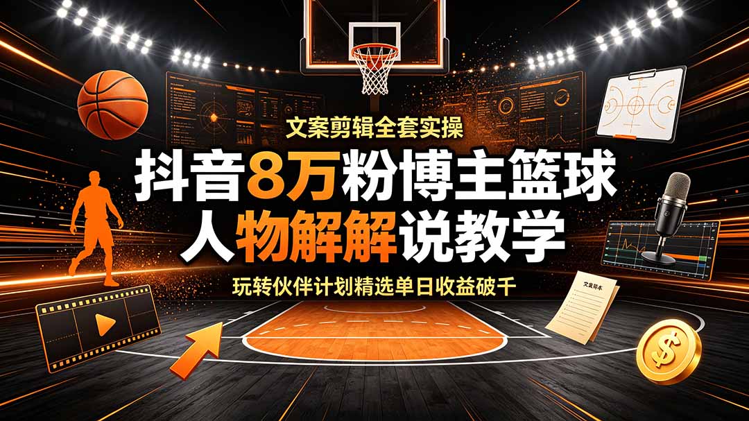 （19135期）抖音8万粉博主篮球人物解说教学，文案剪辑全套实操，玩转伙伴计划精选单日收益破千 - 臻优资源网