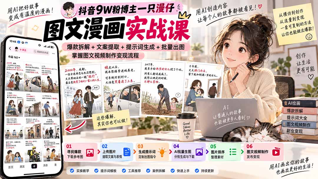 （20584期）抖音9W粉博主一只漫仔图文漫画课：爆款拆解+文案提取+提示词生成+批量出图，掌握图文视频制作变现流程 - 臻优资源网