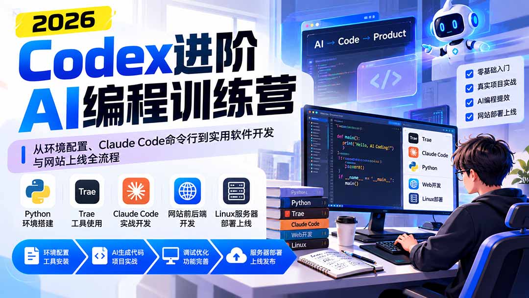 （20855期）Codex进阶AI编程训练营：从环境配置、Claude Code命令行到实用软件开发与网站上线全流程 - 臻优资源网