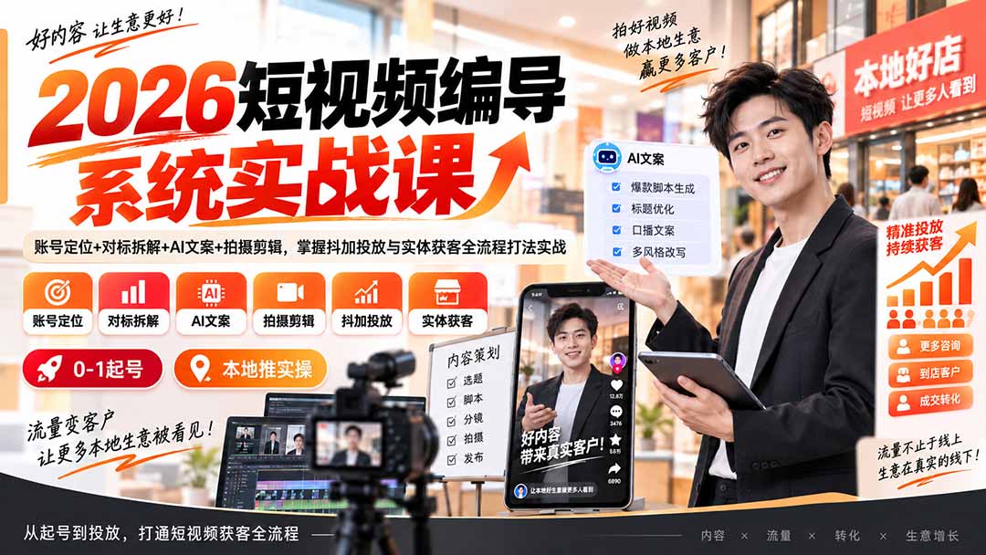 （20305期）2026短视频编导系统实战课：账号定位+对标拆解+AI文案+拍摄剪辑，掌握抖加投放与实体获客全流程打法实战 - 臻优资源网