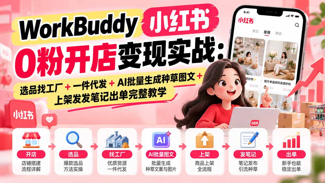 （20801期）WorkBuddy小红书0粉开店变现实战：选品找工厂+一件代发+AI批量生成种草图文+上架发发笔记出单完整教学 - 臻优资源网
