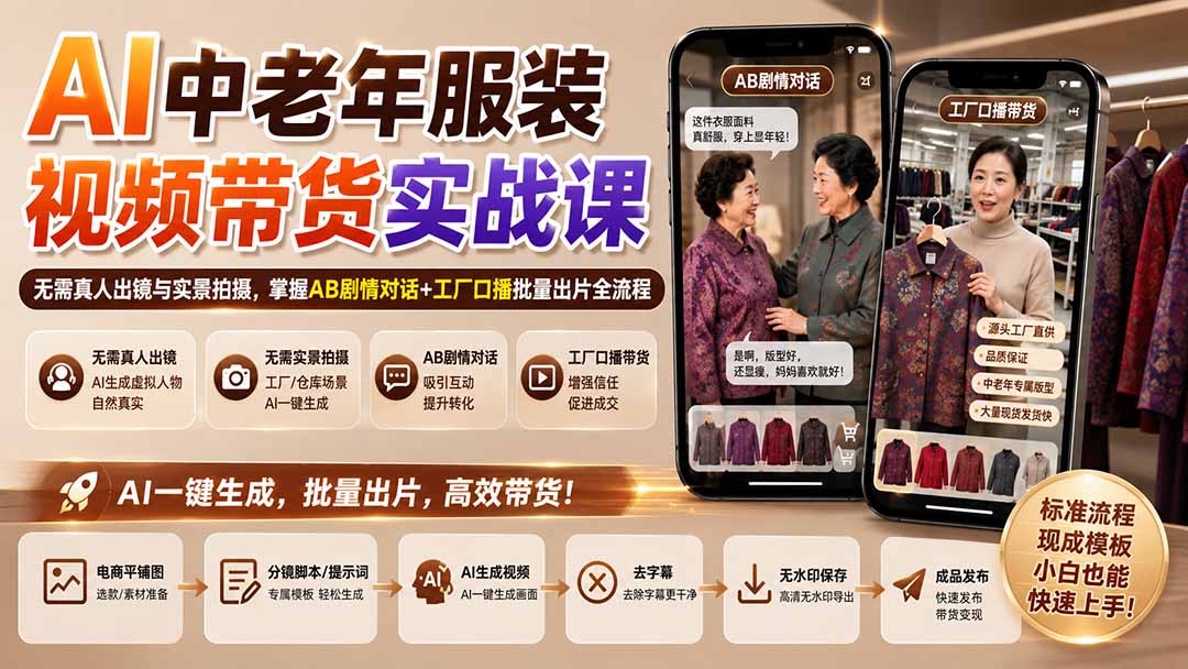 （20198期）AI中老年服装视频带货实战课：无需真人出镜与实景拍摄，掌握AB剧情对话+工厂口播批量出片全流程 - 臻优资源网