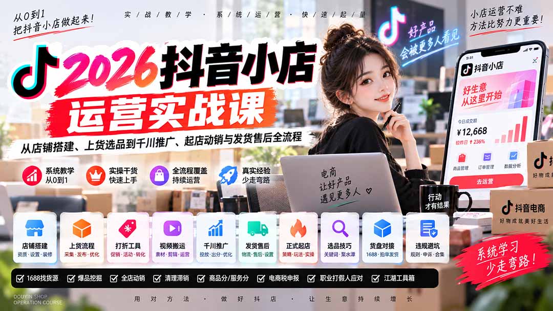 （20568期）2026抖音小店运营实战课｜从店铺搭建、上货选品到千川推广、起店动销与发货售后全流程 - 臻优资源网
