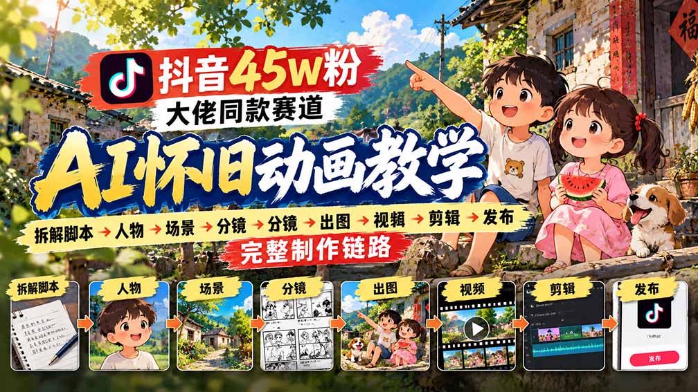 （20781期）抖音45W粉大佬同款赛道AI怀旧动画教学：拆解脚本→人物→场景→分镜→出图→视频→剪辑→发布完整制作链路 - 臻优资源网