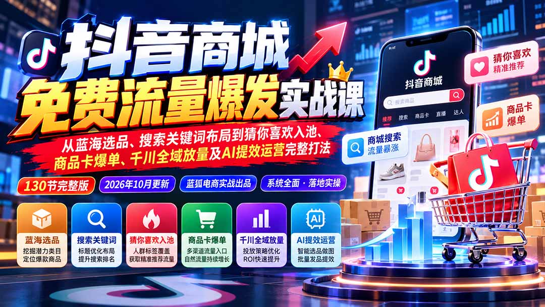 （20959期）抖音商城免费流量爆发实战：从蓝海选品、搜索关键词布局到猜你喜欢入池、商品卡爆单、千川全域放量及AI提效完整打法 - 臻优资源网