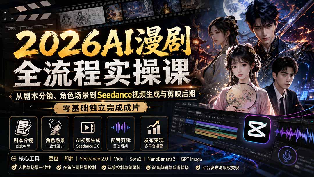 （20042期）2026AI漫剧全流程实操课：从剧本分镜、角色场景到Seedance视频生成与剪映后期，零基础独立完成成片 - 臻优资源网