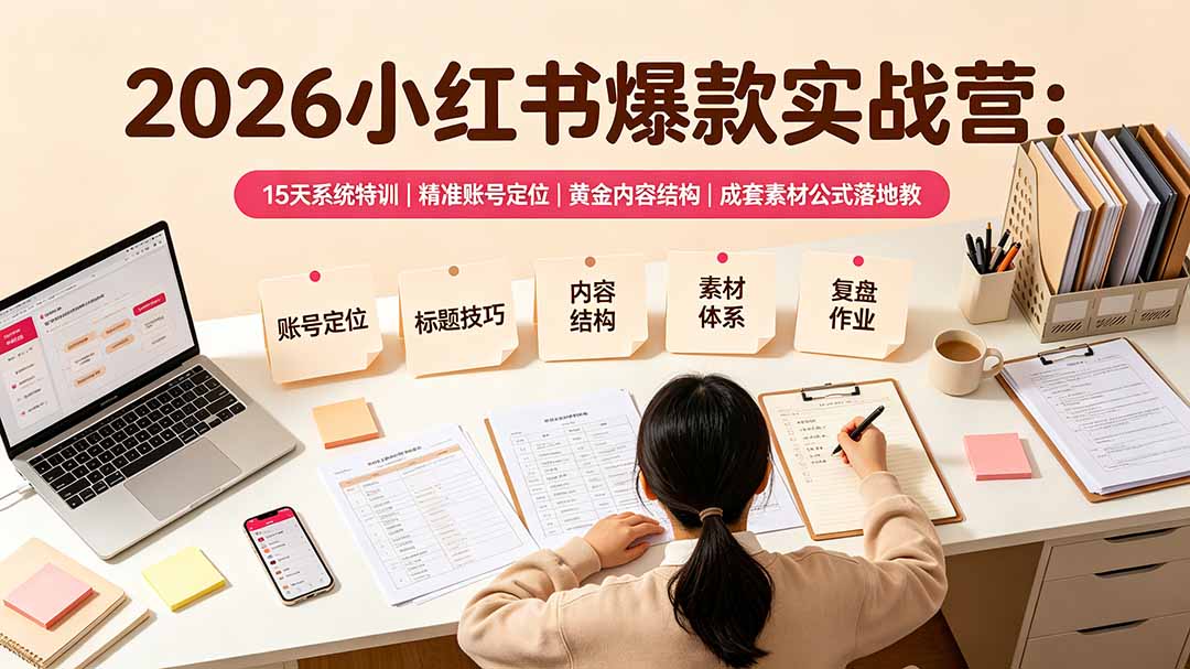 （19332期）2026小红书爆款实战营：15天系统特训｜精准账号定位｜黄金内容结构｜成套素材公式落地教程 - 臻优资源网