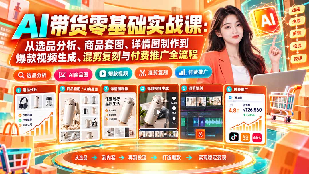 （20856期）AI带货零基础实战课：从选品分析、商品套图、详情图制作到爆款视频生成、混剪复刻与付费推广全流程 - 臻优资源网