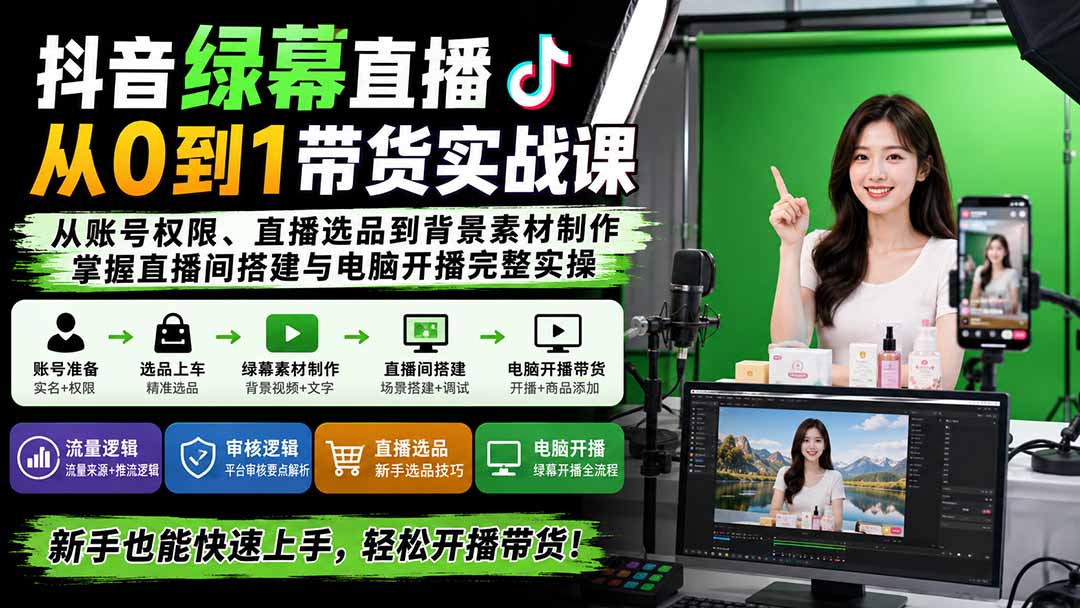 （20224期）抖音绿幕直播从0到1带货实战课：从账号权限、直播选品到背景素材制作，掌握直播间搭建与电脑开播完整实操 - 臻优资源网