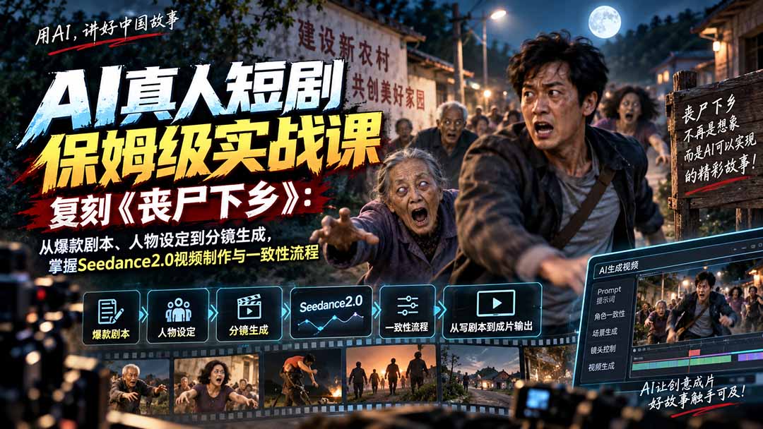 （20359期）AI真人短剧保姆级实战课，复刻《丧尸下乡》：从爆款剧本、人物设定到分镜生成，掌握Seedance2.0视频制作与一致性流程 - 臻优资源网
