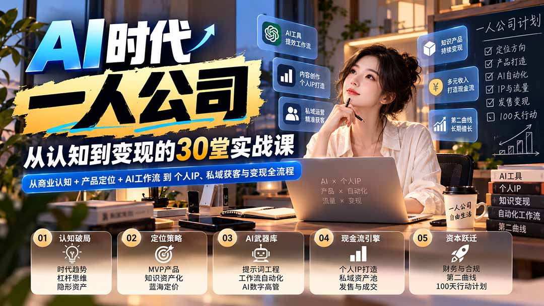 （20847期）【无水印】AI时代一人公司30堂实战课：从商业认知+产品定位+AI工作流到个人IP、私域获客与变现全流程 - 臻优资源网