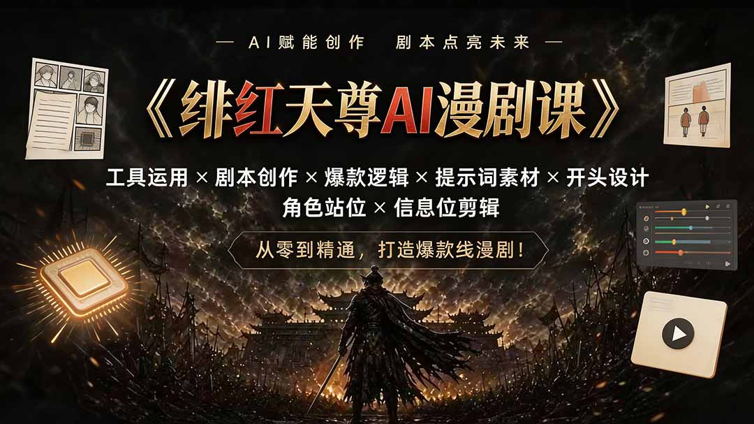 （19597期）绯红天尊AI漫剧课｜工具运用×剧本创作×爆款逻辑×提示词素材×开头设计×角色站位×信息位剪辑 - 臻优资源网