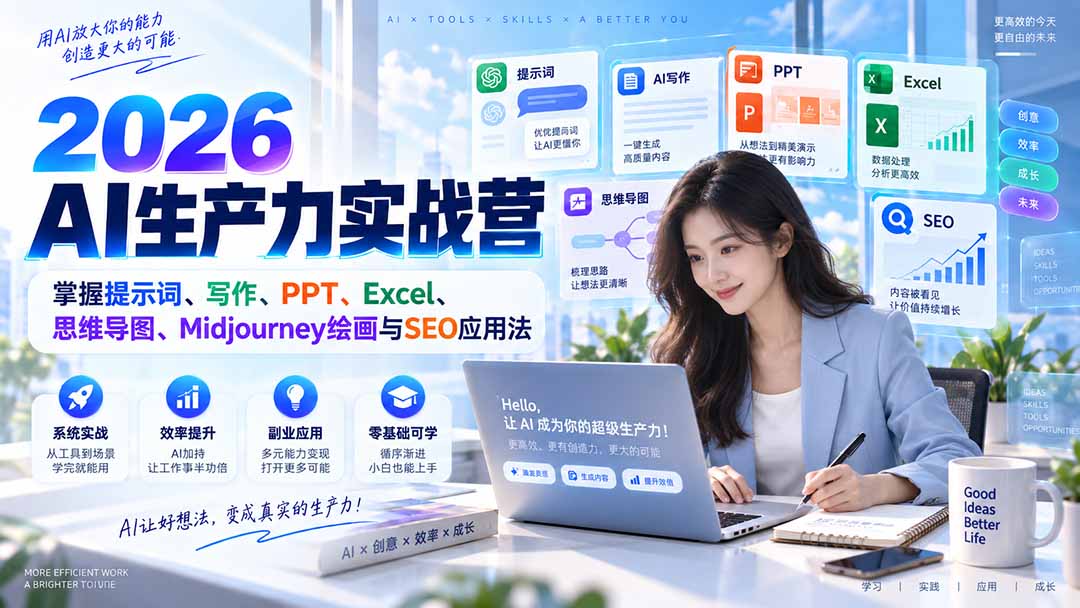 （20307期）2026AI生产力实战营：掌握提示词、写作、PPT、Excel、思维导图、Midjourney绘画与SEO应用法 - 臻优资源网