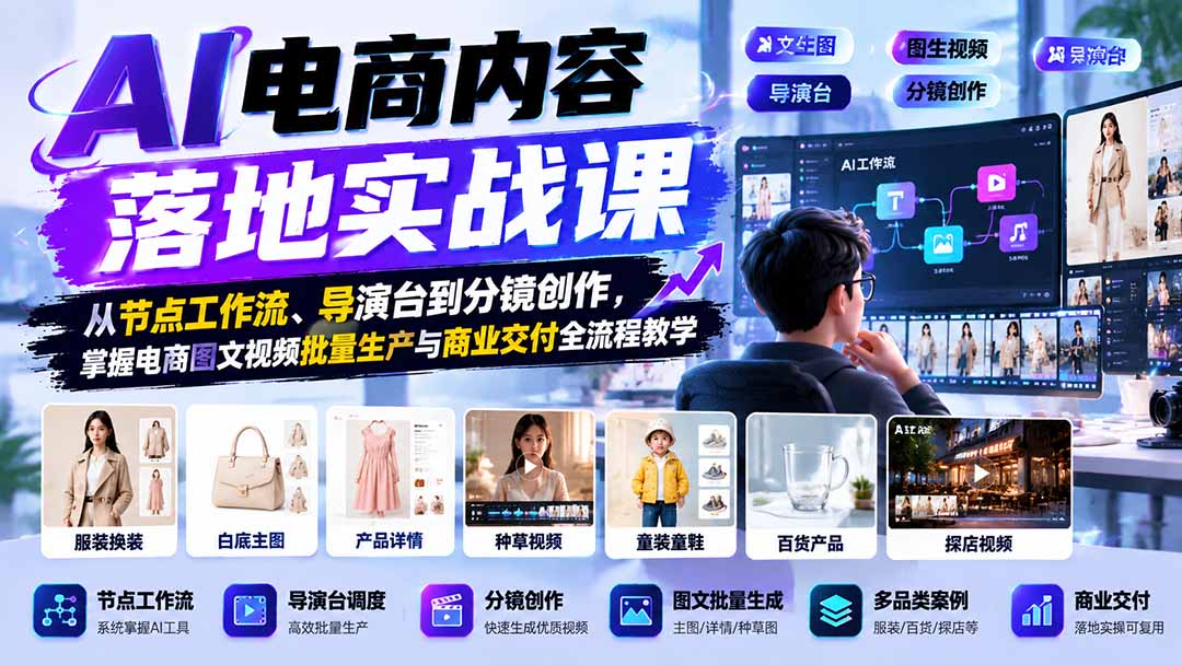 （21136期）AI电商内容落地实战课：从节点工作流、导演台到分镜创作，掌握电商图文视频批量生产与商业交付全流程教学 - 臻优资源网