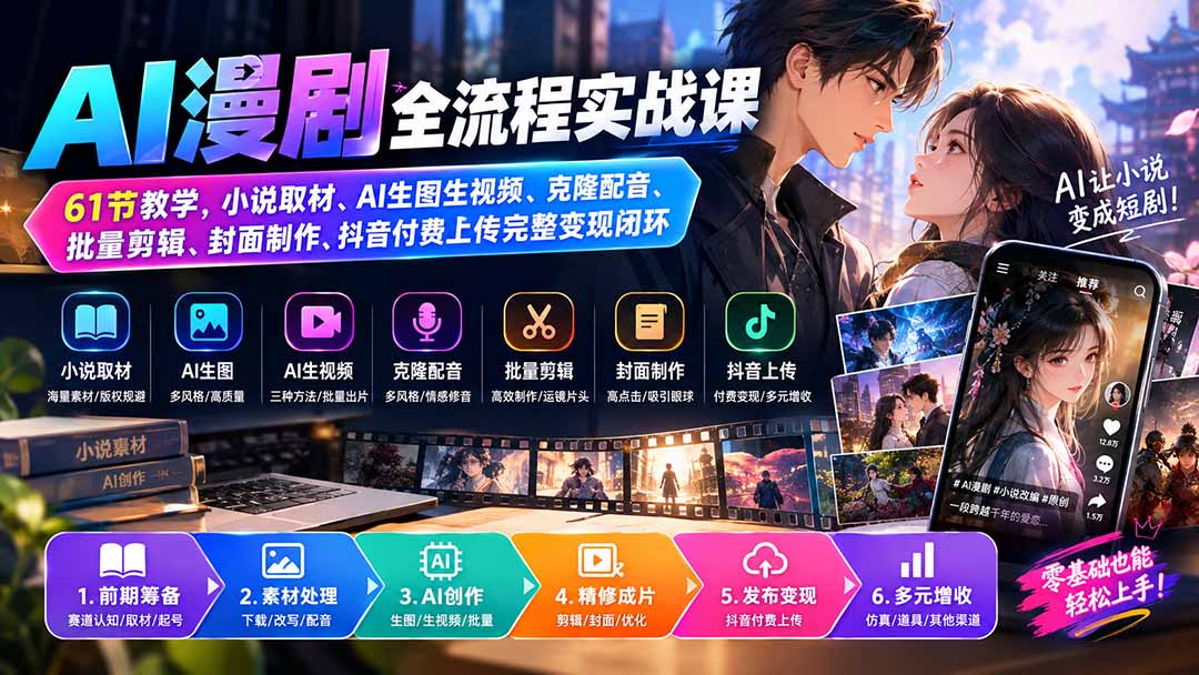 （20199期）AI漫剧全流程实战课｜61节教学，小说取材、AI生图生视频、克隆配音、批量剪辑、封面制作、抖音付费上传完整变现闭环 - 臻优资源网
