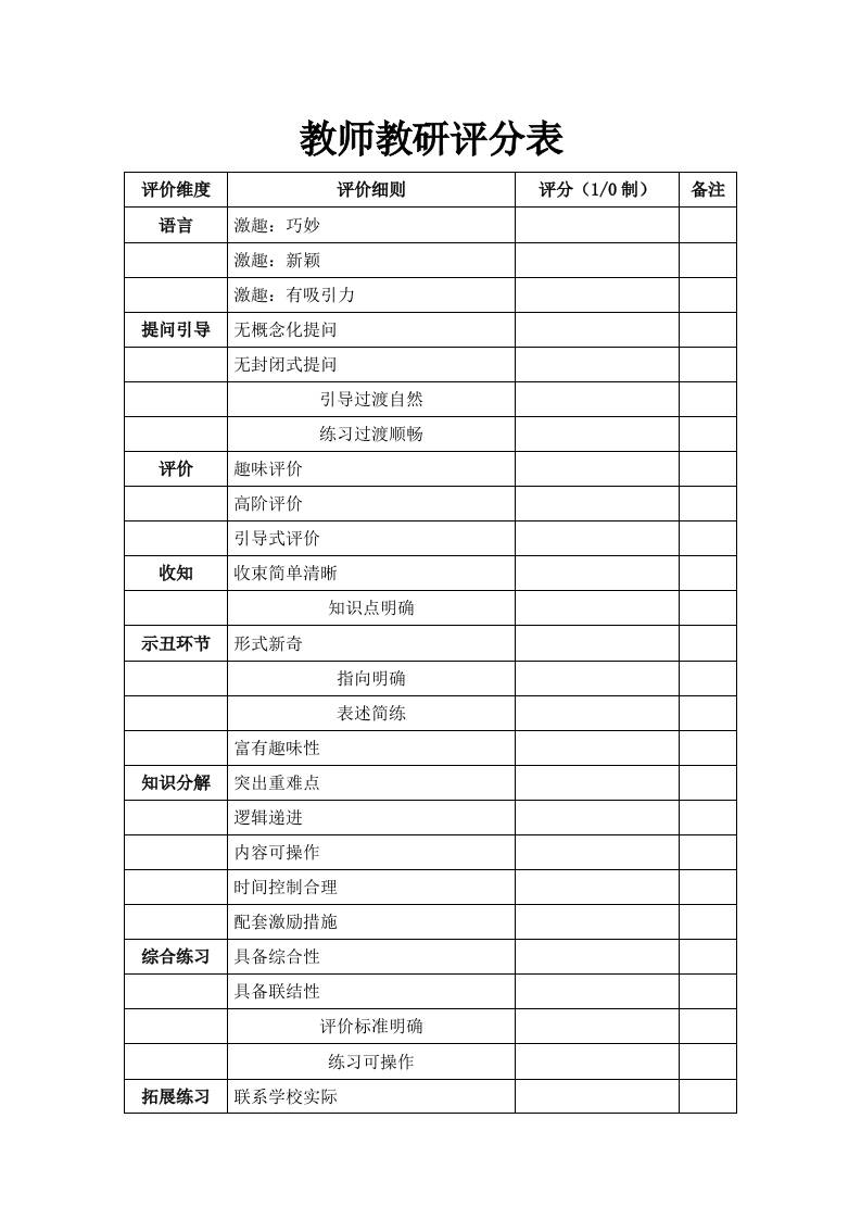 教师教研评分表 - 臻优资源网
