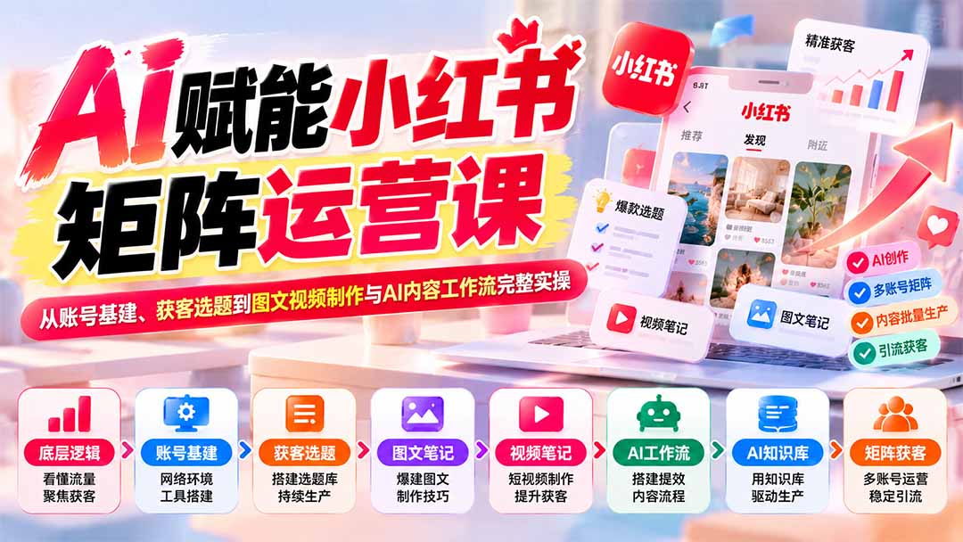 （20822期）AI赋能小红书矩阵运营课：从账号基建、获客选题到图文视频制作与AI内容工作流完整实操 - 臻优资源网