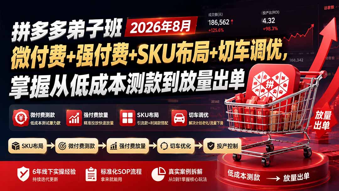 （19746期）拼多多弟子班2026年8月：微付费+强付费+SKU布局+切车调优，掌握从低成本测款到放量出单 - 臻优资源网