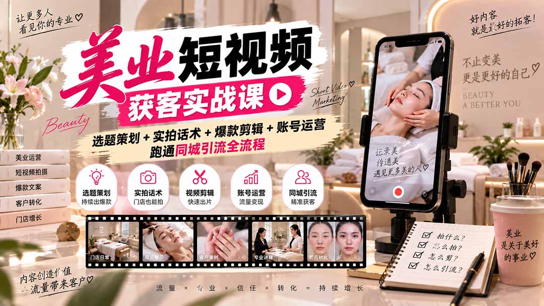 （20586期）美业短视频获客实战课-无水印：选题策划+实拍话术+爆款剪辑+账号运营，跑通同城引流全流程 - 臻优资源网