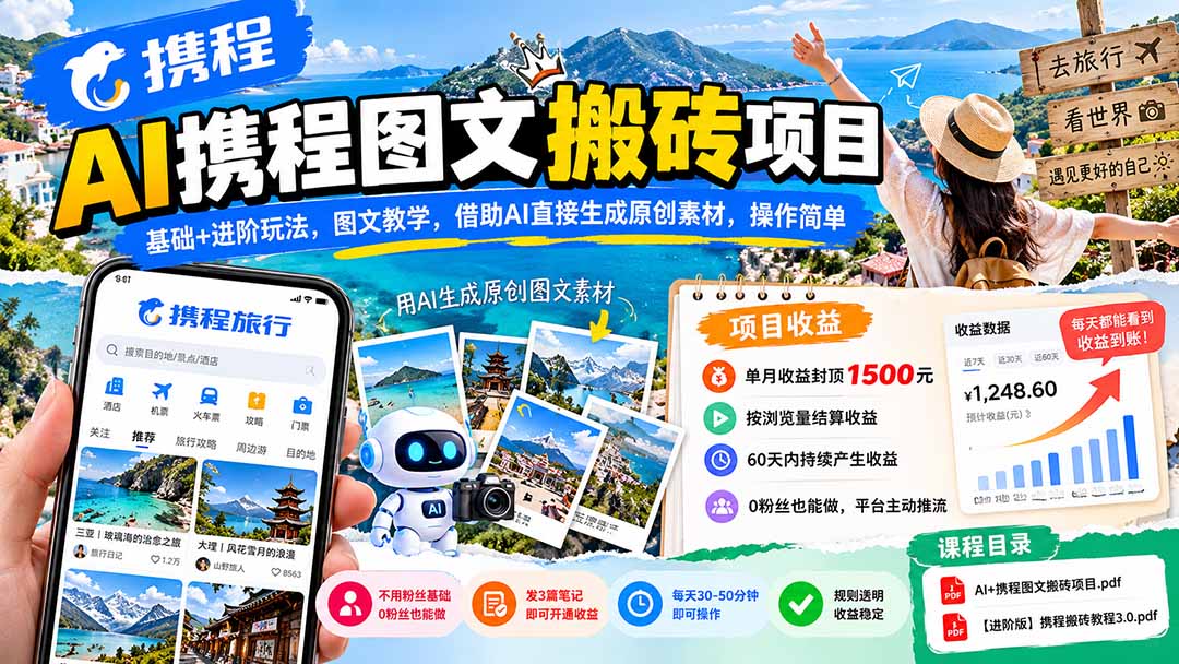 （21180期）AI携程图文搬砖项目，基础+进阶玩法，图文教学，借助AI直接生成原创素材，操作简单 - 臻优资源网