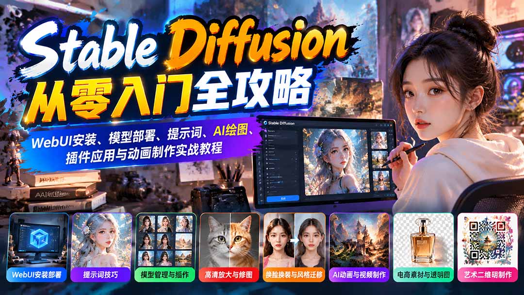 （21062期）Stable Diffusion从零入门全攻略：WebUI安装、模型部署、提示词、AI绘图、插件应用与动画制作实战教程 - 臻优资源网