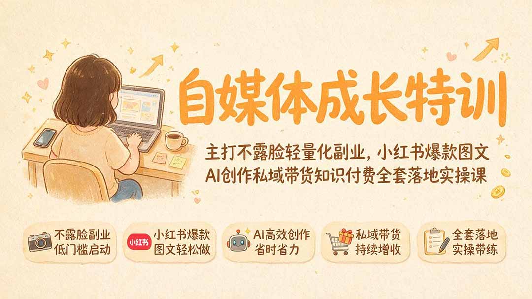 （19584期）自媒体成长特训｜主打不露脸轻量化副业，小红书爆款图文AI创作私域带货知识付费全套落地实操课 - 臻优资源网