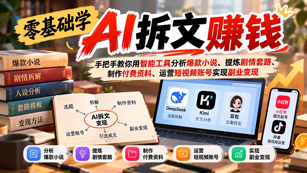 （21030期）零基础学AI拆文赚钱：手把手教你用智能工具分析爆款小说、提炼剧情套路、制作付费资料、运营短视频账号实现副业变现 - 臻优资源网