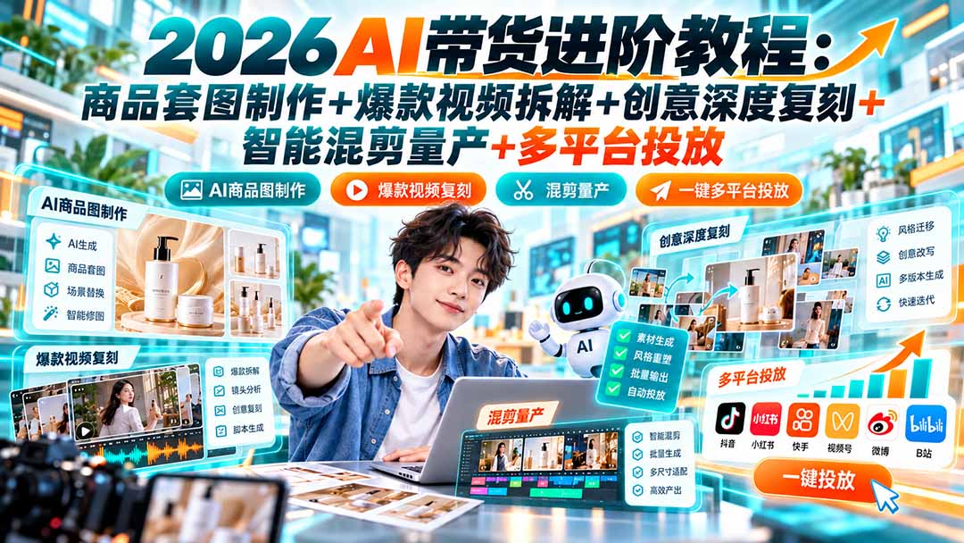 （20857期）2026AI带货进阶教程：商品套图制作+爆款视频拆解+创意深度复刻+智能混剪量产+多平台投放 - 臻优资源网