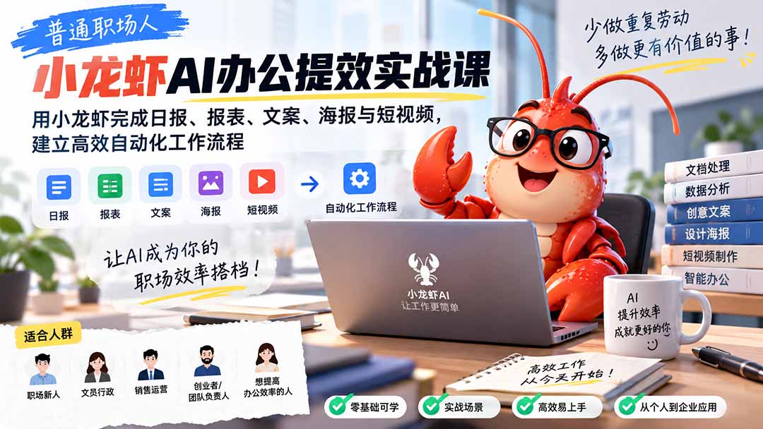 （20379期）普通职场人AI办公提效实战课：用小龙虾完成日报、报表、文案、海报与短视频，建立高效自动化工作流程 - 臻优资源网