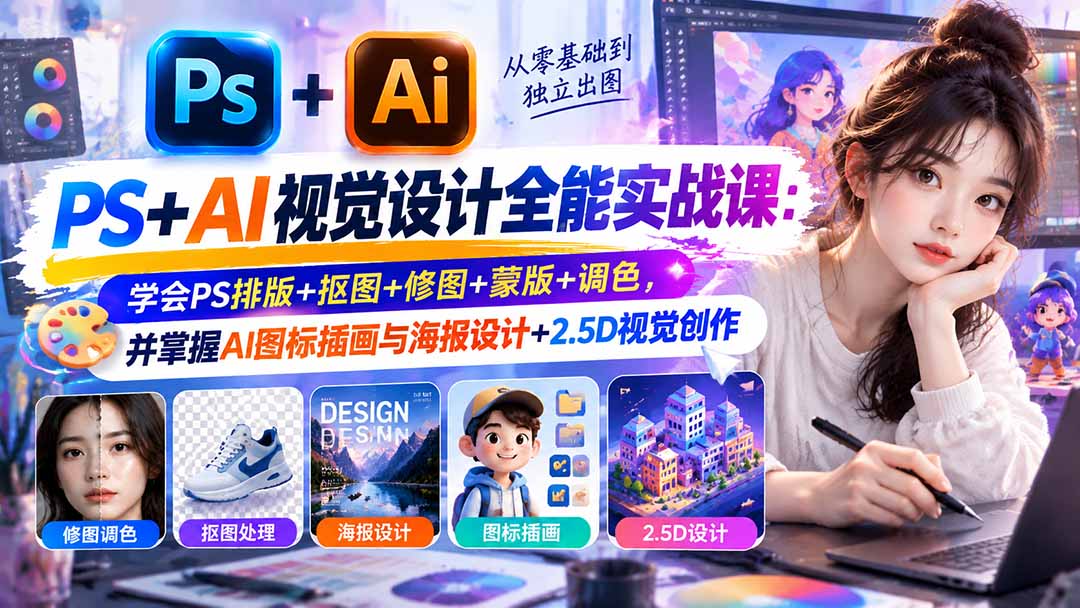 （20749期）【无水印】PS+AI视觉设计全能实战课：学会PS排版+抠图+修图+蒙版+调色，并掌握AI图标插画与海报设计+2.5D视觉创作 - 臻优资源网