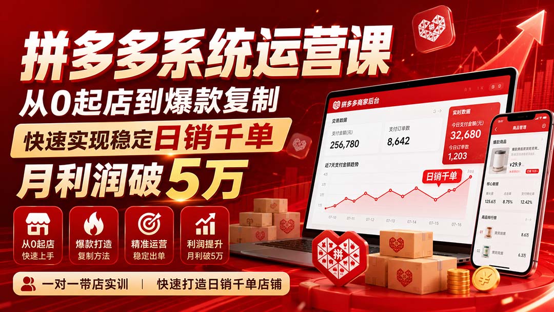 （20547期）拼多多系统运营课-无水印(更新9月)，从0起店到爆款复制，快速实现稳定日销千单，月利润破5万 - 臻优资源网