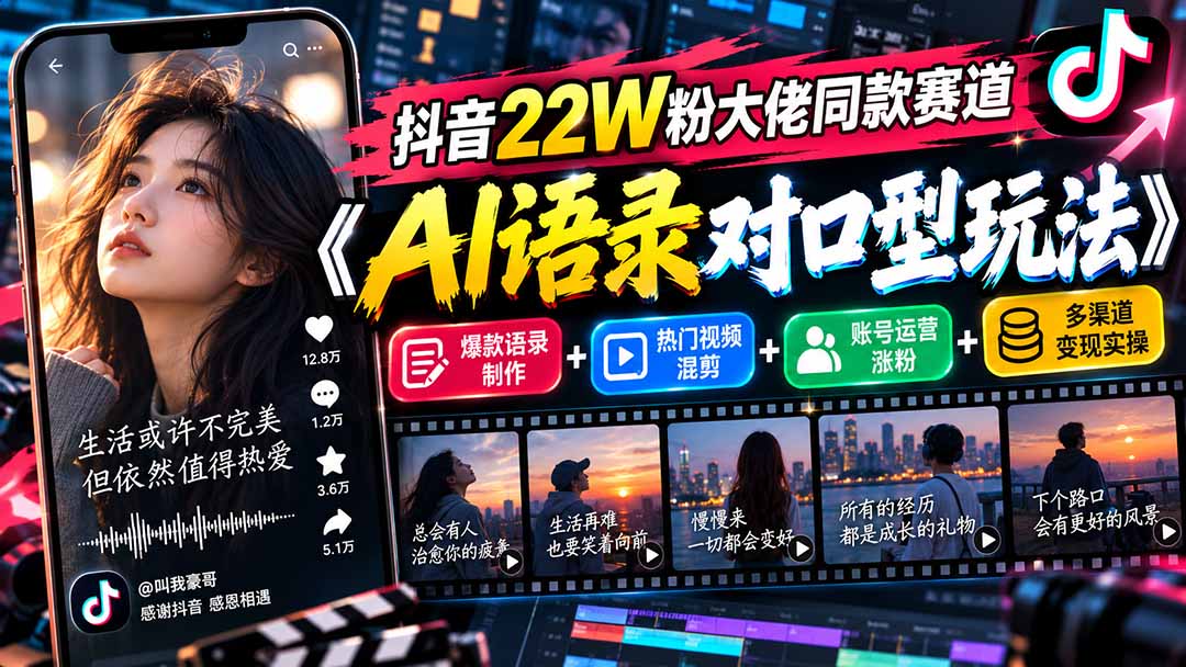 （20990期）抖音22W粉大佬同款赛道《AI语录对口型玩法》：爆款语录制作+热门视频混剪+账号运营涨粉+多渠道变现实操 - 臻优资源网
