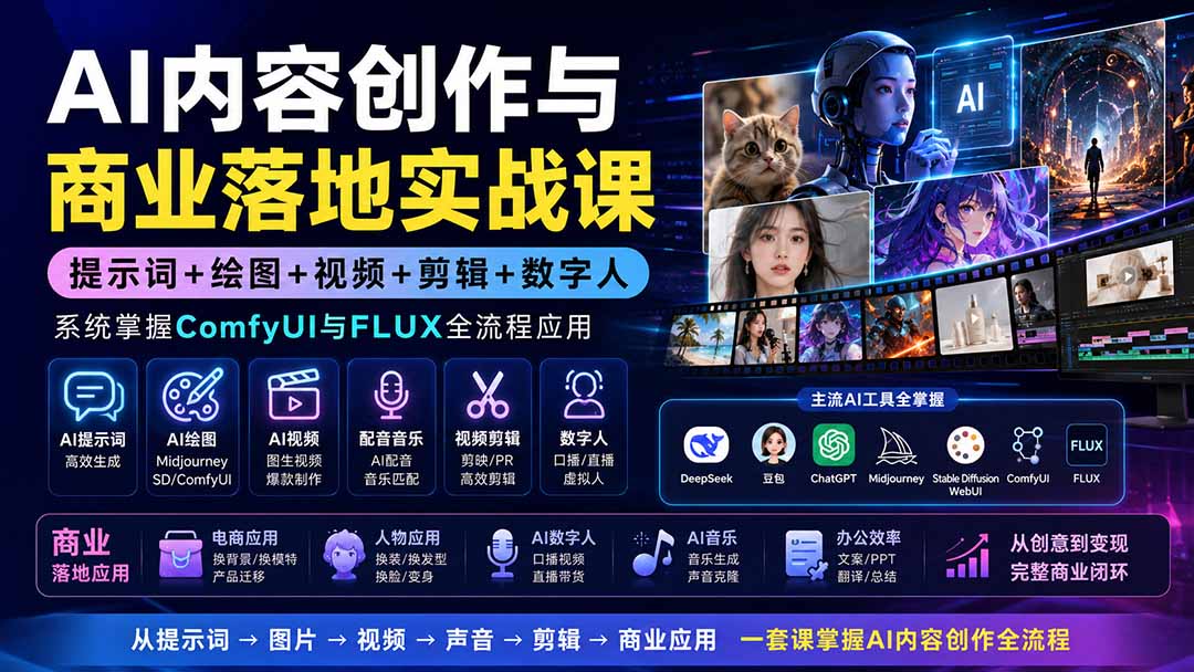 （19913期）AI内容创作与商业落地实战课：提示词+绘图+视频+剪辑+数字人，系统掌握ComfyUI与FLUX全流程应用 - 臻优资源网
