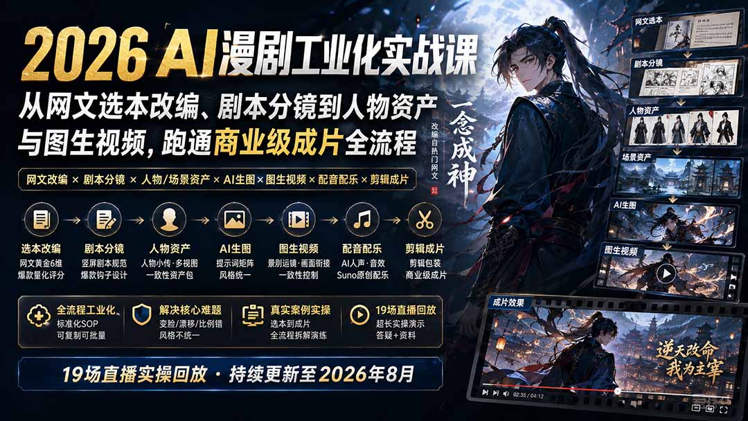 （20068期）2026 AI漫剧工业化实战课-更新：从网文选本改编、剧本分镜到人物资产与图生视频，跑通商业级成片全流程 - 臻优资源网