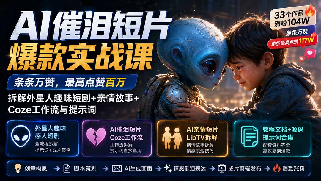 （20038期）AI催泪短片爆款实战课：条条万赞，最高点赞百万，拆解外星人趣味短剧+亲情故事+Coze工作流与提示词 - 臻优资源网