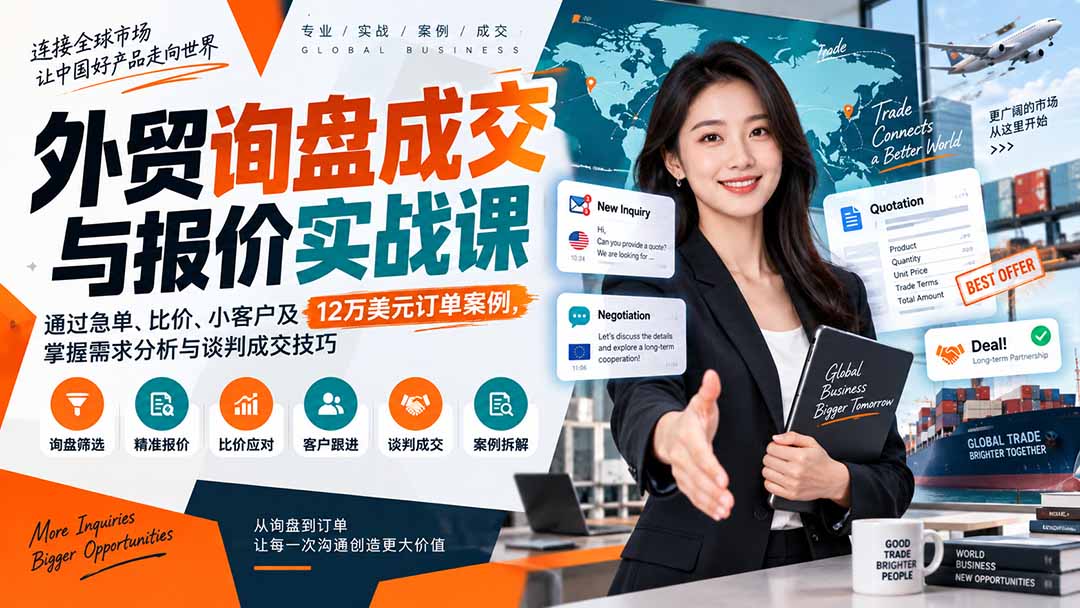 （20424期）外贸询盘成交与报价实战课：通过急单、比价、小客户及12万美元订单案例，掌握需求分析与谈判成交技巧 - 臻优资源网