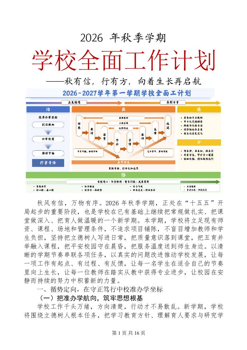 2026年秋季学期学校全面工作计划（完整稿）——秋有信，行有方 - 臻优资源网