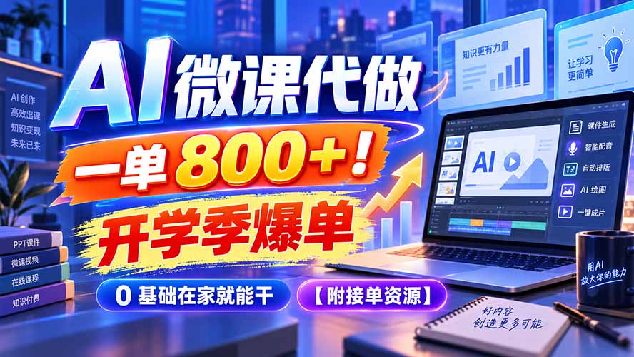 （20605期）AI 微课代做，一单 800+！开学季爆单，0 基础在家就能干【附接单资源】 - 臻优资源网