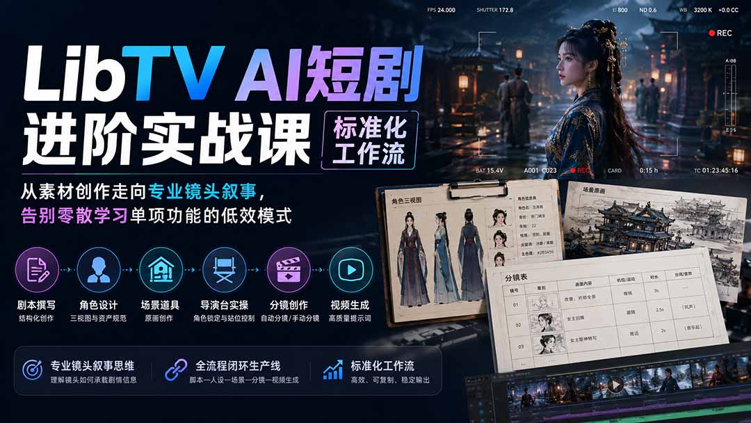 （19836期）LibTV AI短剧进阶实操课标准化工作流；从素材创作走向专业镜头叙事，告别零散学习单项功能的低效模式 - 臻优资源网