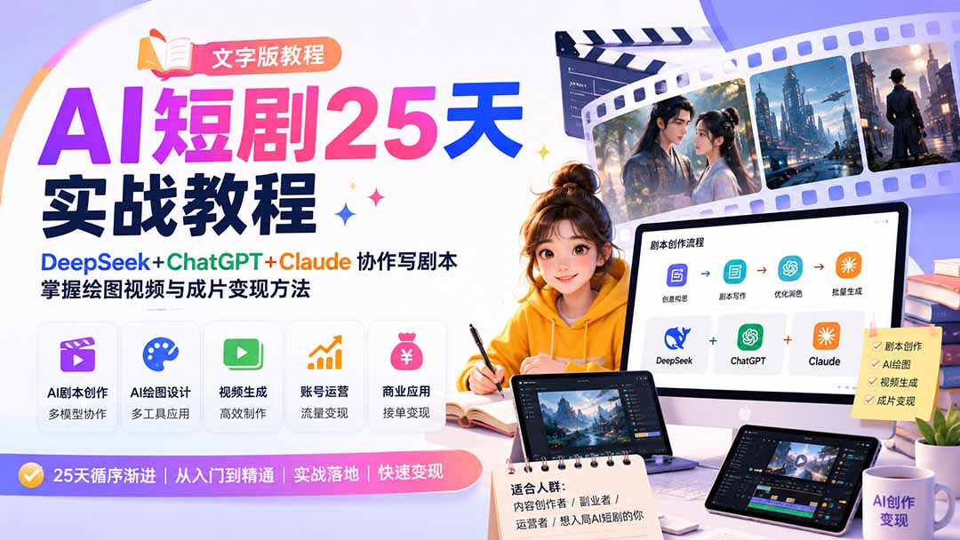 （20225期）AI短剧25天实战教程（文字版教程）：DeepSeek+ChatGPT+Claude协作写剧本，掌握绘图视频与成片变现方法 - 臻优资源网