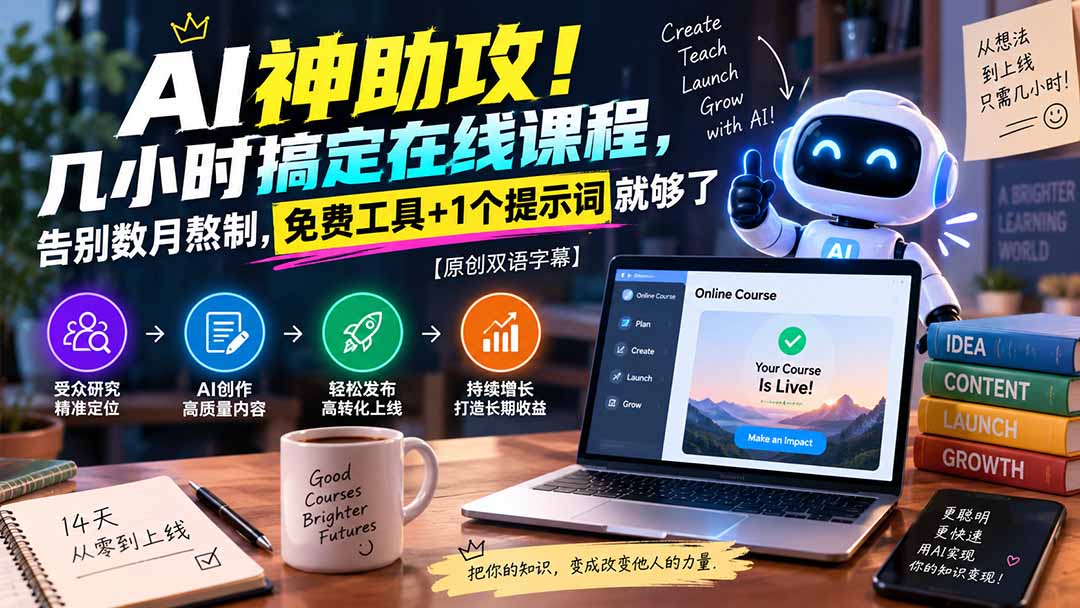 （20528期）AI神助攻！几小时搞定在线课程，告别数月熬制，免费工具+1个提示词就够了【原创双语字幕】 - 臻优资源网