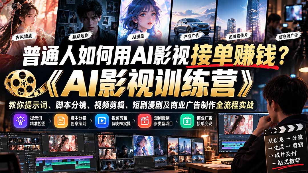 （21230期）普通人如何用AI影视接单赚钱？《AI影视训练营》教你提示词、脚本分镜、视频剪辑、短剧漫剧及商业广告制作全流程实战 - 臻优资源网