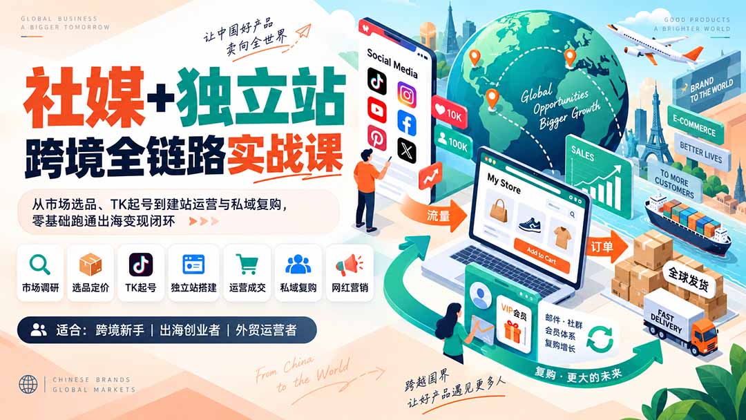 （20361期）社媒+独立站跨境全链路实战课：从市场选品、TK起号到建站运营与私域复购，零基础跑通出海变现闭环 - 臻优资源网