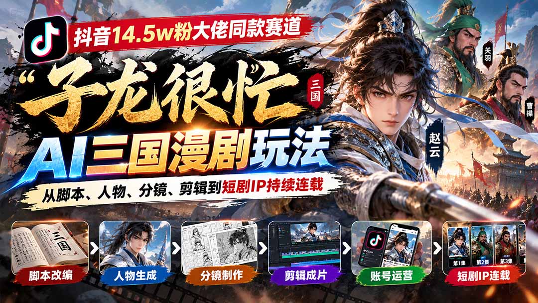 （20818期）抖音14.5w粉大佬同款赛道「子龙很忙」AI三国漫剧玩法：从脚本、人物、分镜、剪辑到短剧IP持续连载 - 臻优资源网